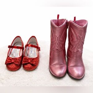 *2 For 1* Red Glitter Mary Jane Shoes & Metallic Pink Cowboy Boots—Kids Size 11